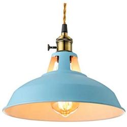 KWOKING Lighting Lovely Industrial 1 Light Pendant Lamp Modern Ceiling Lights with Adjustable Cord Colorful Hanging Lamp for Dining Table Restaurant Kitchen Island Blue Finish