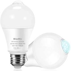 MikeWin Motion Sensor Light Bulbs Outdoor 2 Packs 12W(100W Equivalent) Security LED Bulb, Indoor E26, A19, 6000K Daylight Dusk to Dawn Bulb for Garage Front Door Porch Stairs Hallway