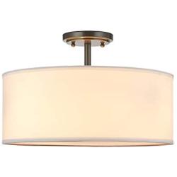 Off White Fabric Drum Shade semi Flush Mount Ceiling Led Light PS Diffuser with Oil Rubbed Bronze Finish, Chandeliers Shade for Bar, Dining Room, Corridor,Living Room.16'' 3 Light