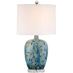 Devan Cottage Table Lamp with Nightlight Ceramic Blue Vine Handcrafted Oval Fabric Shade for Living Room Family Bedroom - 360 Lighting