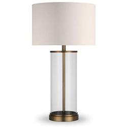 Henn&Hart TL0026 Mid-Century Modern Brass Metal and Glass White Linen Shade, for Nightstand, Bedroom, Living Room, Office, Study Table Lamp, One Size