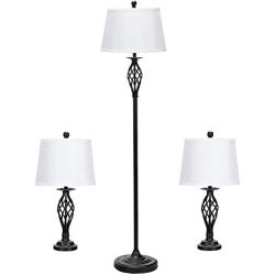 Tangkula Lamp Set 3-Piece Modern Home Living Room Bedroom Antique Bronze Finish Lamps, Floor Lamp and Table Lamps Set with Soft Pleated White Fabric Shades (Antique Bronze)