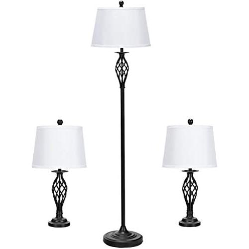 Tangkula Lamp Set 3-Piece Modern Home Living Room Bedroom Antique Bronze Finish Lamps, Floor Lamp and Table Lamps Set with Soft Pleated White Fabric Shades (Antique Bronze)