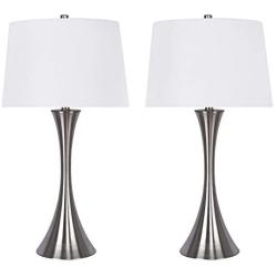 Grandview Gallery 29'' Brushed Nickel Metal Table Lamp Set with Hourglass Body Design and White Textured Linen Tapered Drum Shades - Modern Lighting for Any Room (Set of 2)