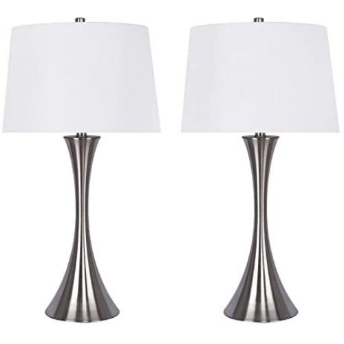 Grandview Gallery 29'' Brushed Nickel Metal Table Lamp Set with Hourglass Body Design and White Textured Linen Tapered Drum Shades - Modern Lighting for Any Room (Set of 2)