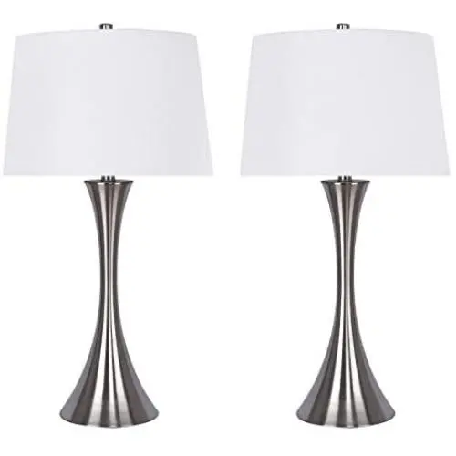 Grandview Gallery 29'' Brushed Nickel Metal Table Lamp Set with Hourglass Body Design and White Textured Linen Tapered Drum Shades - Modern Lighting for Any Room (Set of 2)