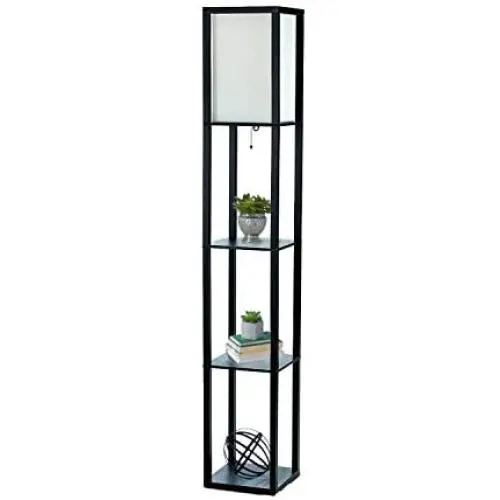 Simple Designs Home LF1014-BLK Etagere Organizer Storage Shelf Linen Shade Floor Lamp, Black