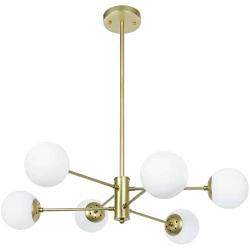 T&A 6 Light Gold Sputnik Chandelier, Mid Century Modern Chandelier with 6 G9 LED Bulbs and Globe White Matte Glass Shade Included for Bedroom Living Room Dining Room