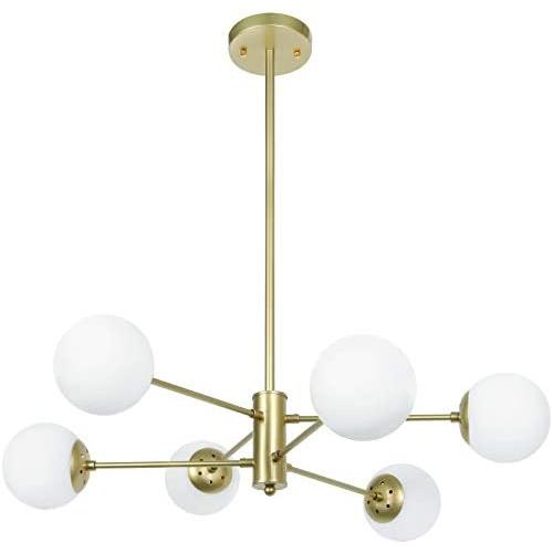 T&A 6 Light Gold Sputnik Chandelier, Mid Century Modern Chandelier with 6 G9 LED Bulbs and Globe White Matte Glass Shade Included for Bedroom Living Room Dining Room