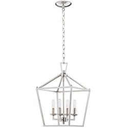 MOTINI 4-Light Silver Lantern Pendant Light Polished Nickel Finish Hanging Light Fixture Geometric Chandelier with Adjustable Chain Metal Cage Pendant Lighting for Kitchen Island Dining Room Foyer