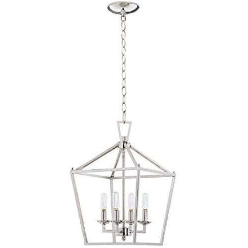 MOTINI 4-Light Silver Lantern Pendant Light Polished Nickel Finish Hanging Light Fixture Geometric Chandelier with Adjustable Chain Metal Cage Pendant Lighting for Kitchen Island Dining Room Foyer