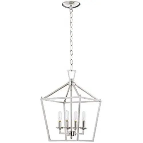 MOTINI 4-Light Silver Lantern Pendant Light Polished Nickel Finish Hanging Light Fixture Geometric Chandelier with Adjustable Chain Metal Cage Pendant Lighting for Kitchen Island Dining Room Foyer