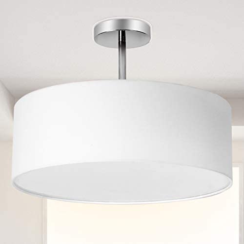 Ceiling Light, Semi-Flush Mount Modern Fabric Pendant Light Shade, Large White Drum Lampshade, Round Pendant Lamp, Lamps for bedrooms, Flush Chrome Matt, 3 Bulbs
