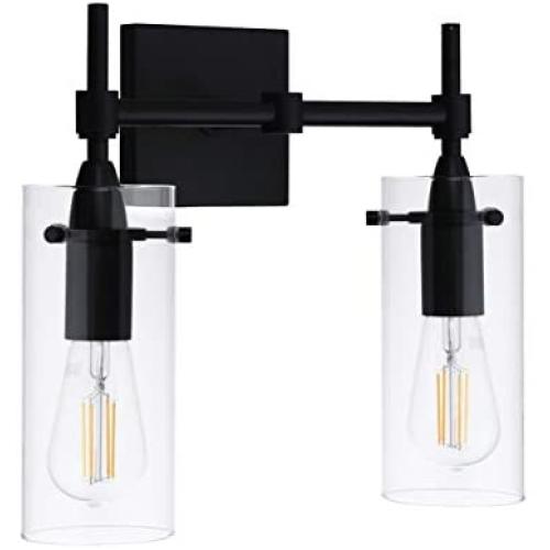 Effimero Black Bathroom Vanity 2 Light Fixture - Modern Over Mirror Lighting with Clear Glass Shades