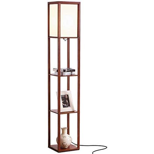 Brightech Maxwell - Modern LED Shelf Floor Lamp - Skinny End Table & Nightstand for Bedroom - Combo Narrow Side Table with Standing Accent Light Attached - Asian Tower Book Shelves - Walnut Brown