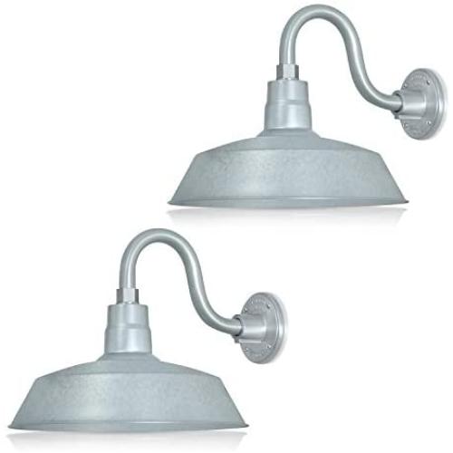 14in. Galvanized Finish Outdoor Gooseneck Barn Light Fixture with 10in. Long Extension Arm - Wall Sconce Farmhouse, Antique Style - UL Listed - 9W 900lm A19 LED Bulb (5000K Cool White) - 2-Pack