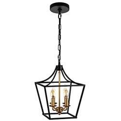 JINZO Farmhouse Chandelier 4-Lights Rustic Cage Pendant Light Matt Black and Gold for Foyer Entryway Hallway Dining Room and Kitchen Island.