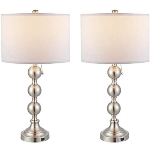 WINGBO 28 Inches Elegant Table Lamps Set of 2, Modern Bedside Light for Living Room Bedroom Accent, Modern Stacked Ball Body and White Linen Tapered Drum Shades