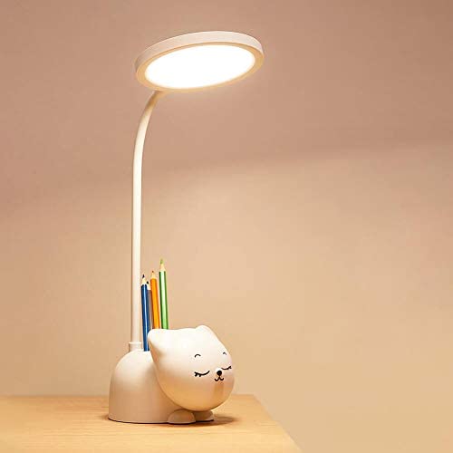 Girl Kids Desk Lamp,Cute Cat LED Small Desk Lamp with USB Charging Port,3 Color Temperatures and Brightness Levels Touch Control Eye Protector Ring Light,Gooseneck Adjustable Desk Lamp - Lovely Kitty