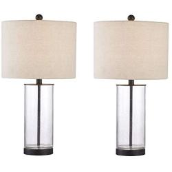 Maxax Table Lamps Set of 2 Glass Nightstand Lamp with Oatmeal Fabric Shade for Living Room Bedroom,Black Finish