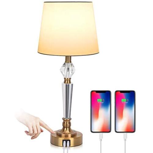 USB Touch Bedside Lamp, 3-Way Dimmable Nightstand Decorative Lamp with Dual Fast USB Charging Ports,Golden K9 Crystal Table Lamp Set for Bedroom, Living Room, Study Room, Office (Bulb Included)