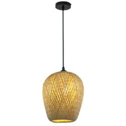 LITFAD Double-Decker Bamboo Pendant Lights Restaurant 1 Light Suspended Light Rustic Weave Ceiling Hanging Light in Beige with Adjustable Hanging Cord for Dining Room Restaurant Bar - 7.5'' (19 cm)