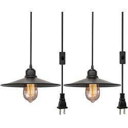 Industrial Plug in Pendant Light, Farmhouse Pendant Lighting, Black Cage Pendant Light Fixture with On/Off Switch, E26 Socket Vintage Hanging Light, Wire Pendant Light, for Dining/Living Room 2pack