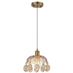 Rustic Crystal Pendant Light with Handblown Amber Glass Shade, One-Light Adjustable Industrial Mini Pendant Lighting Fixture for Kitchen Island Dining Room Farmhouse, Brushed Brass