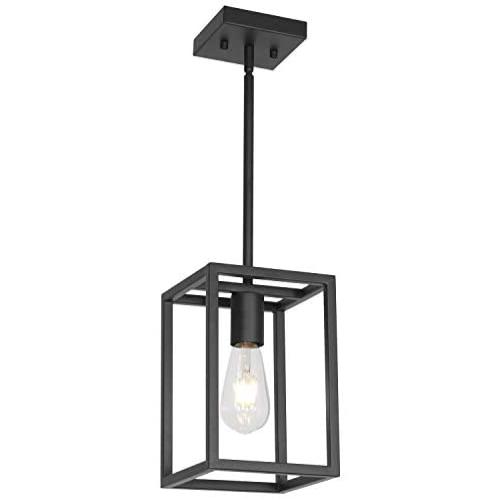 VINLUZ Industrial Metal Lantern 1 Light Kitchen Pendant Light Mini Black Finish Lighting Fixture Adjustable Hanging Ceiling Light for Dining Room Kitchen Cafe Bar