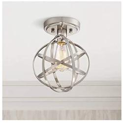 Industrial Atom Ceiling Light Semi Flush Mount Fixture LED Antique Edison Bulb Brushed Nickel 8'' Wide Open Cage for Bedroom Kitchen Living Room Hallway Bathroom - Franklin Iron Works