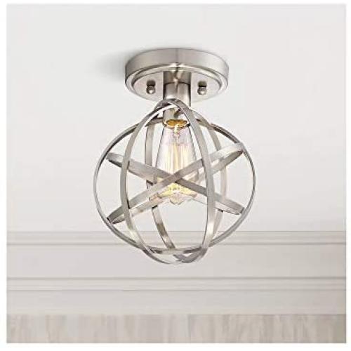 Industrial Atom Ceiling Light Semi Flush Mount Fixture LED Antique Edison Bulb Brushed Nickel 8'' Wide Open Cage for Bedroom Kitchen Living Room Hallway Bathroom - Franklin Iron Works