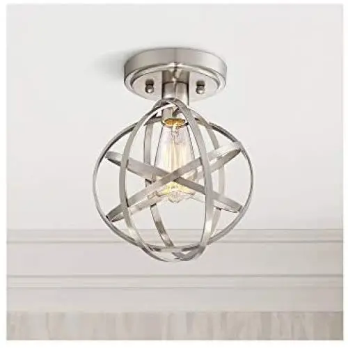 Industrial Atom Ceiling Light Semi Flush Mount Fixture LED Antique Edison Bulb Brushed Nickel 8'' Wide Open Cage for Bedroom Kitchen Living Room Hallway Bathroom - Franklin Iron Works