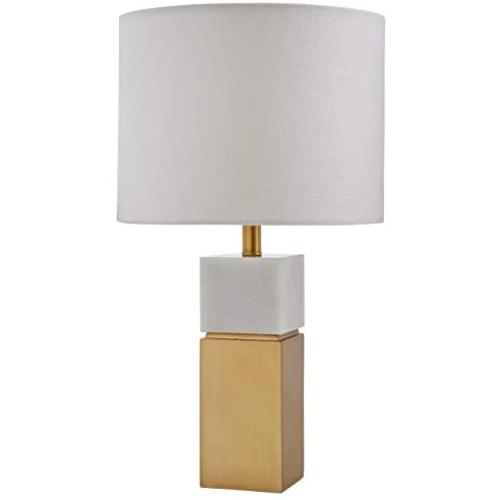 Amazon Brand – Rivet Mid-Century Modern Square Pillar Living Room Table Lamp With LED Light Bulb - 10.5 x 10.5 x 18 Inches, White Marble and Brass