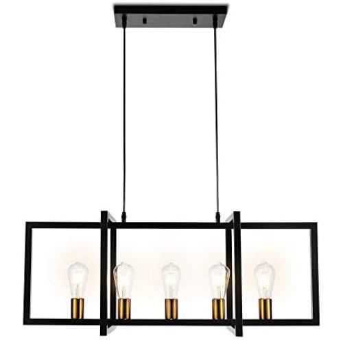 Modern Kitchen Island Light Pendant Chandelier 5-Light Ceiling Light Industrial Pendant Lighting Fixture Matte Black with Antique Brass Finish