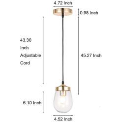 Popity home Industrial Style 1-Light Clear Glass Lamp Shade Gold Pendant Light, Vintage Adjustable Pendant Lighting Perfect for Kitchen Dining Room