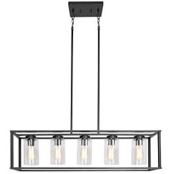 FIMITECH Chandeliers Contemporary Rectangle 5-Light Dining Room Lighting, Adjustable Rods, Fixtures Hanging, Ceiling Light Kitchen Island Cage Pendant Lights with Glass Shade (Black)