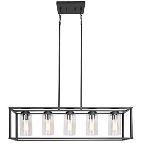 FIMITECH Chandeliers Contemporary Rectangle 5-Light Dining Room Lighting, Adjustable Rods, Fixtures Hanging, Ceiling Light Kitchen Island Cage Pendant Lights with Glass Shade (Black)