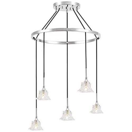 BONLICHT Modern Crystal Glass Chandelier 5 Light Kitchen Island Pendant Lighting Chrome Chandelier Linear Light Fixture Hanging Pendant lamp Contemporary Flush Mount Ceiling Light for Dining Room