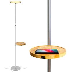 Brightech Sky Ultra LED Floor Lamp- Wireless Charging and Table Top Shelf- Tall Standing Torchiere Lamp with Bright Light- Perfect for Living Room, Bedrooms, Office, Den- Platinum Silver