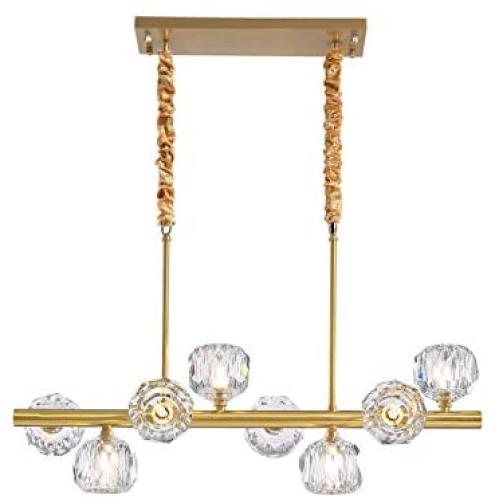 APBEAM Crystal Gold Chandelier Hanging Linear Pendant Light Modern for Dining Room Living Room Kitchen Island Over Table 8-Lights