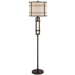 Elias Industrial Farmhouse Floor Lamp with Nightlight LED Oil Rubbed Bronze Off White Oatmeal Fabric Drum Shade for Living Room Reading Bedroom Office - Franklin Iron Works