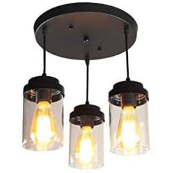 LONGWIND 3 Lights Kitchen Island Lighting,Modern Clear Glass Pendant Light Fixture,Farmhouse Black Linear Light Chandelier for Dining Room and Kitchen