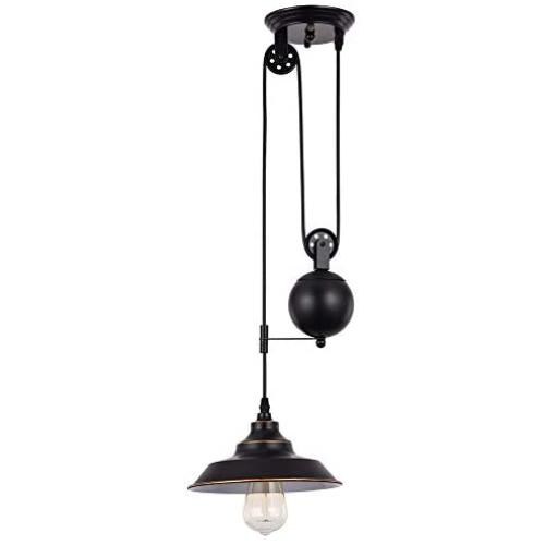 Rustic Pulley Pendant One Light Adjustable Height Industrial Pulley Lighting Retro Black Rustic Ceiling Hanging Light Indoor Island Lamp for Dining Living Room Kitchen Hallway Foyer Farmhouse