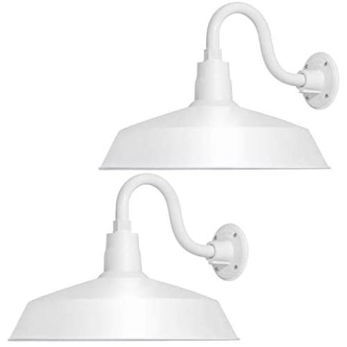 17in. White Finish Outdoor Gooseneck Barn Light Fixture with 10in. Long Extension Arm - Wall Sconce Farmhouse, Vintage, Antique Style - UL Listed - 9W 900lm A19 LED Bulb (5000K Cool White) - 2PCK