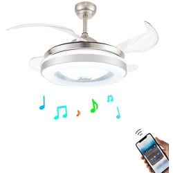 Retractable Ceiling Fan Light with Bluetooth Speaker 3-Color Light Adjustment Ceiling Fan with Remote Invisible Blade Bluetooth Chandelier Fan Light Silent Motor for Bedroom Living Room (42 Inch)