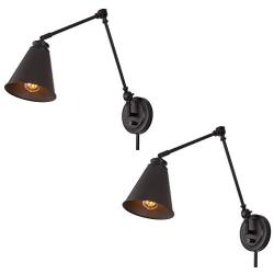 Kira Home Ellis 18'' Vintage Industrial Swing Arm Wall Lamp + Adjustable Head, Plug in/Wall Mount + Cord Covers, Oil Rubbed Bronze Finish, 2-Pack