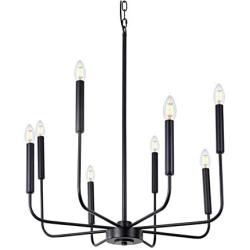 Wellmet Matte Black Farmhouse Chandeliers, 8-Light Classic Candle Ceiling Hanging Light Fixture Rustic Pendant Lighting for Kitchen Island, Dining Room, Living Room, 26''D