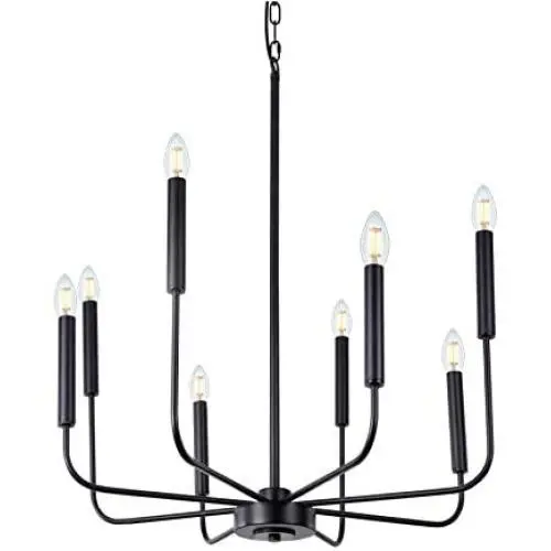 Wellmet Matte Black Farmhouse Chandeliers, 8-Light Classic Candle Ceiling Hanging Light Fixture Rustic Pendant Lighting for Kitchen Island, Dining Room, Living Room, 26''D