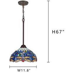 Capulina Tiffany Style Kitchen Lighting, 1-Light Stained Glass Lighting Fixtures, 11.8 inch Wide Lampshade Kitchen Island Lighting, Beautiful Dragonfly Style Tiffany Hanging Pendant Light