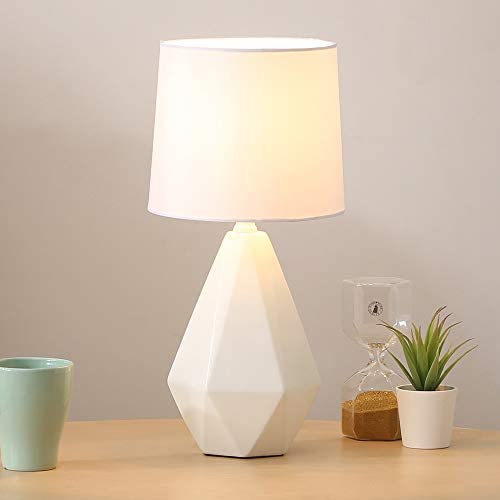 SOTTAE Modern Small Ceramic Table Lamp, White Irregular Geometric Bedside Desk lamp for Living Room Bedrooms , Nightstand Lamps with White Fabric Shade